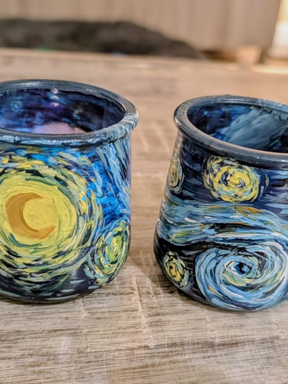 Hand-Painted "Starry Night" Tealight Holders - Set of 2 | Van Gogh Inspired Jars - Picture 5 of 16